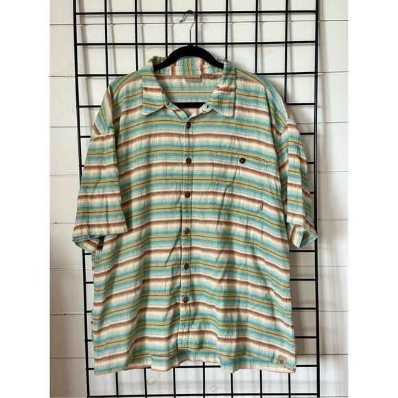 Ruff Hewn Shirt Mens XL Turquoise Tan Striped Hawaiian Button Up SS Beach - Picture 1 of 12